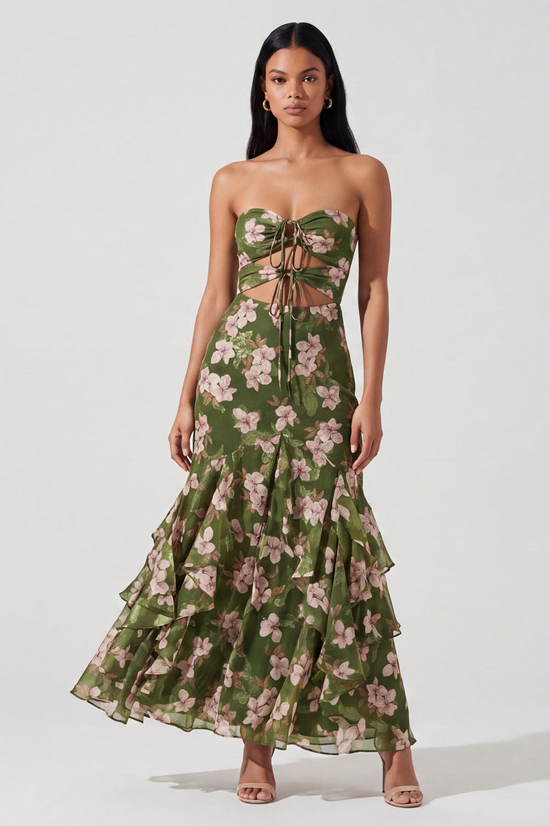 Load image into Gallery viewer, Dark Green Mermaid Keyhole Floral Maxi Formal Dress with Ruffles