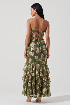 Dark Green Mermaid Keyhole Floral Maxi Formal Dress with Ruffles