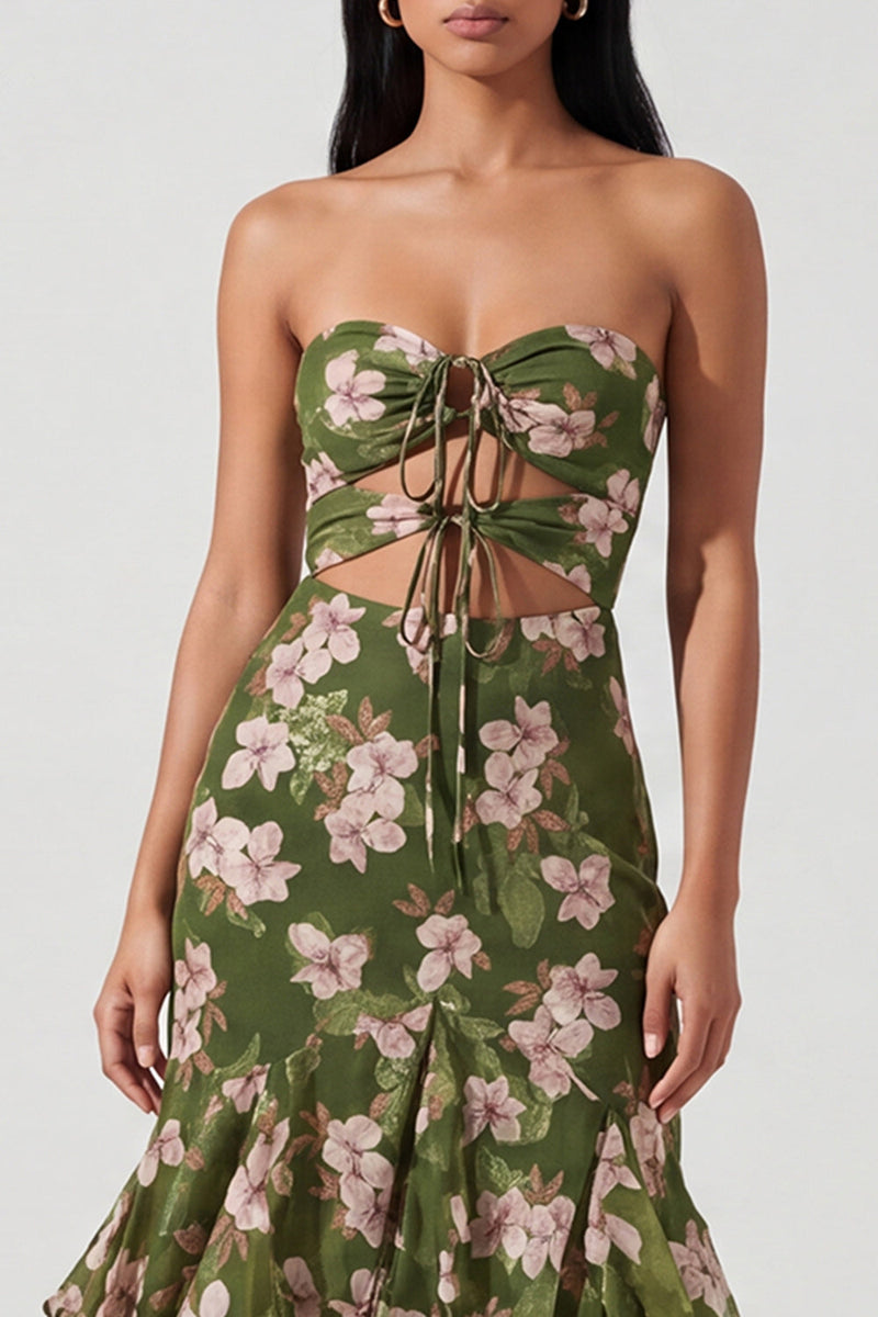 Load image into Gallery viewer, Dark Green Mermaid Keyhole Floral Maxi Formal Dress with Ruffles
