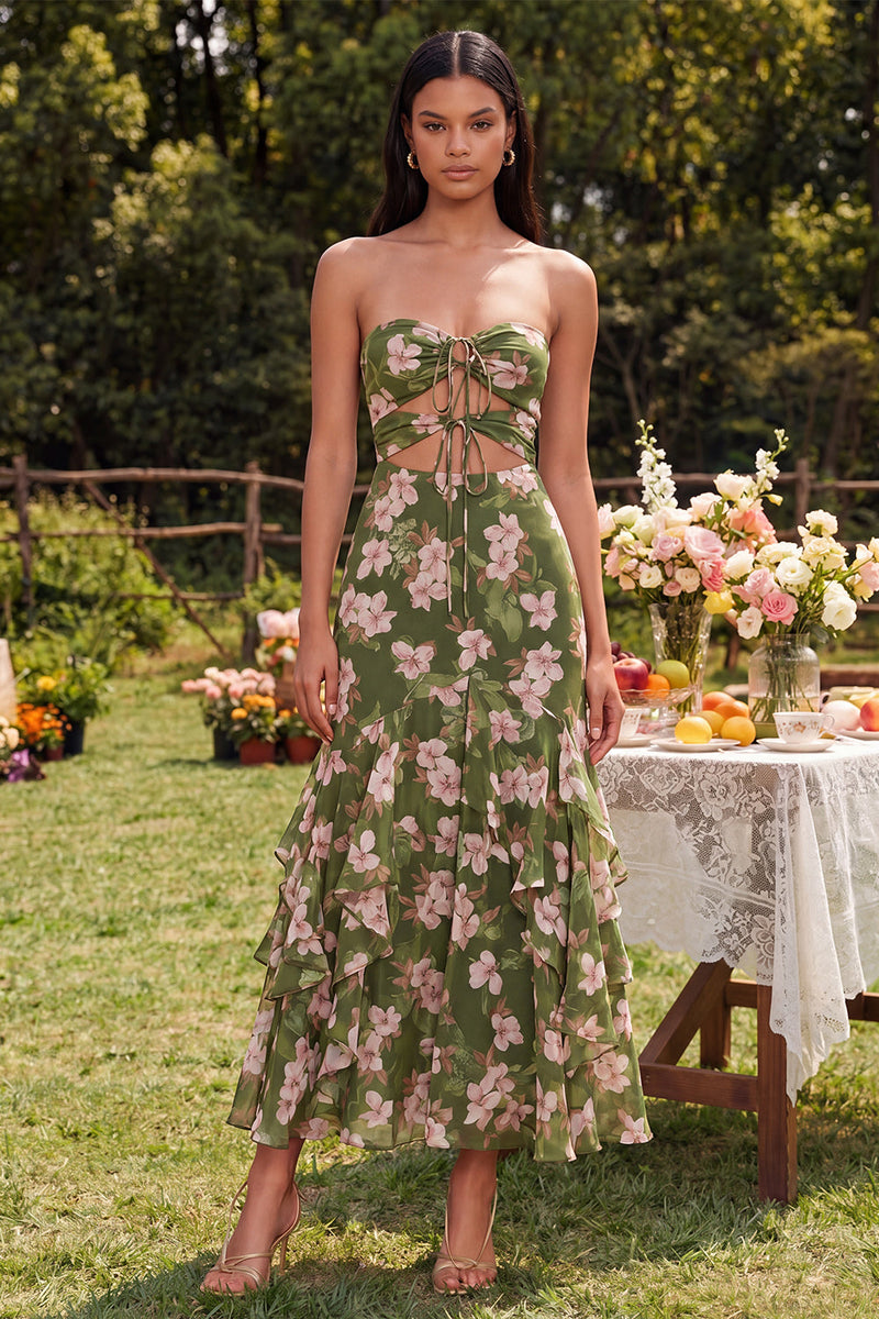 Load image into Gallery viewer, Dark Green Mermaid Keyhole Floral Maxi Formal Dress with Ruffles