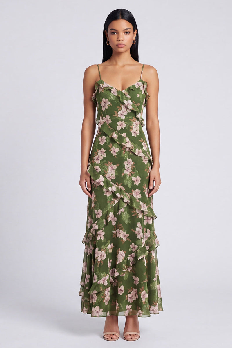 Load image into Gallery viewer, Dark Green Floral Spaghetti Straps A Line Maxi Formal with Ruffles