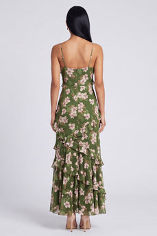 Dark Green Floral Spaghetti Straps A Line Maxi Formal with Ruffles