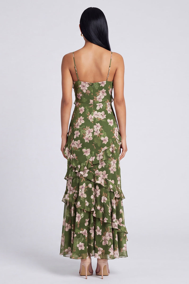 Load image into Gallery viewer, Dark Green Floral Spaghetti Straps A Line Maxi Formal with Ruffles