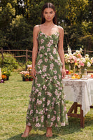 Load image into Gallery viewer, Dark Green Floral Spaghetti Straps A Line Maxi Formal with Ruffles