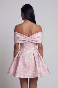 Pink A Line Floral Off the Shoulder Short Homecoming Dress with Bow