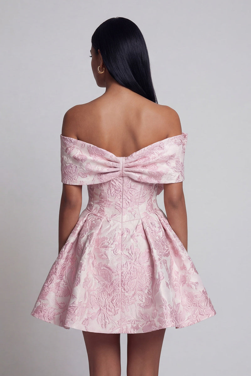 Load image into Gallery viewer, Pink A Line Floral Off the Shoulder Short Homecoming Dress with Bow