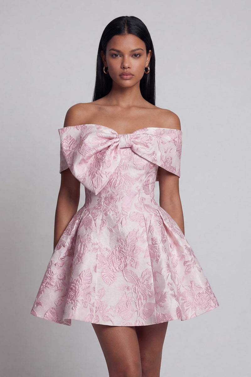 Load image into Gallery viewer, Pink A Line Floral Off the Shoulder Short Homecoming Dress with Bow