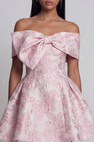 Load image into Gallery viewer, Pink A Line Floral Off the Shoulder Short Homecoming Dress with Bow