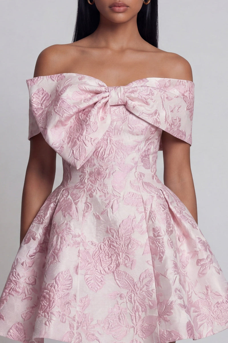 Load image into Gallery viewer, Pink A Line Floral Off the Shoulder Short Homecoming Dress with Bow