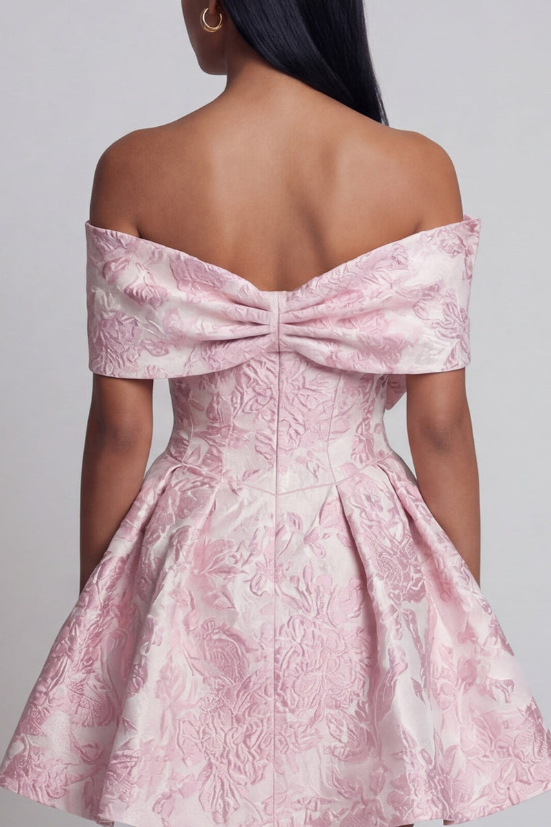 Load image into Gallery viewer, Pink A Line Floral Off the Shoulder Short Homecoming Dress with Bow