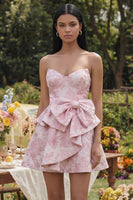 Load image into Gallery viewer, Pink A Line Ruffled Strapless Short Floral Corset Homecoming Dress with Bow