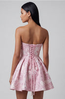 Load image into Gallery viewer, Pink A Line Ruffled Strapless Short Floral Corset Homecoming Dress with Bow
