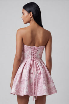 Pink A Line Ruffled Strapless Short Floral Corset Homecoming Dress with Bow