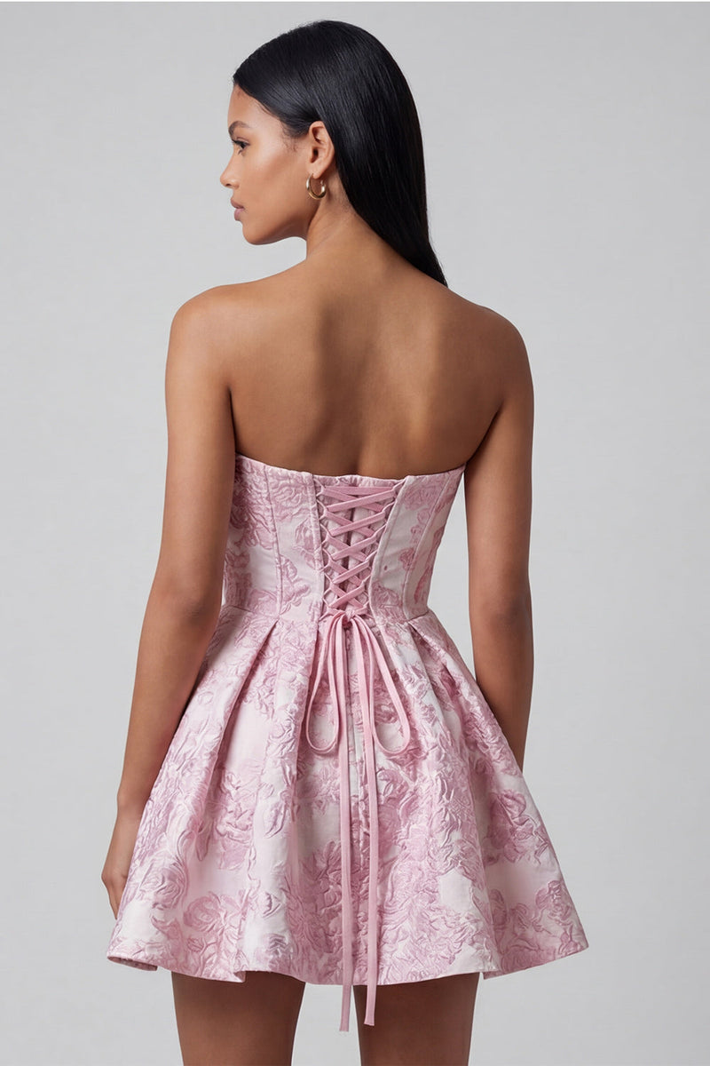 Load image into Gallery viewer, Pink A Line Ruffled Strapless Short Floral Corset Homecoming Dress with Bow