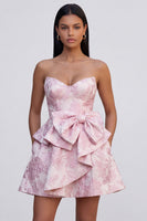 Load image into Gallery viewer, Pink A Line Ruffled Strapless Short Floral Corset Homecoming Dress with Bow