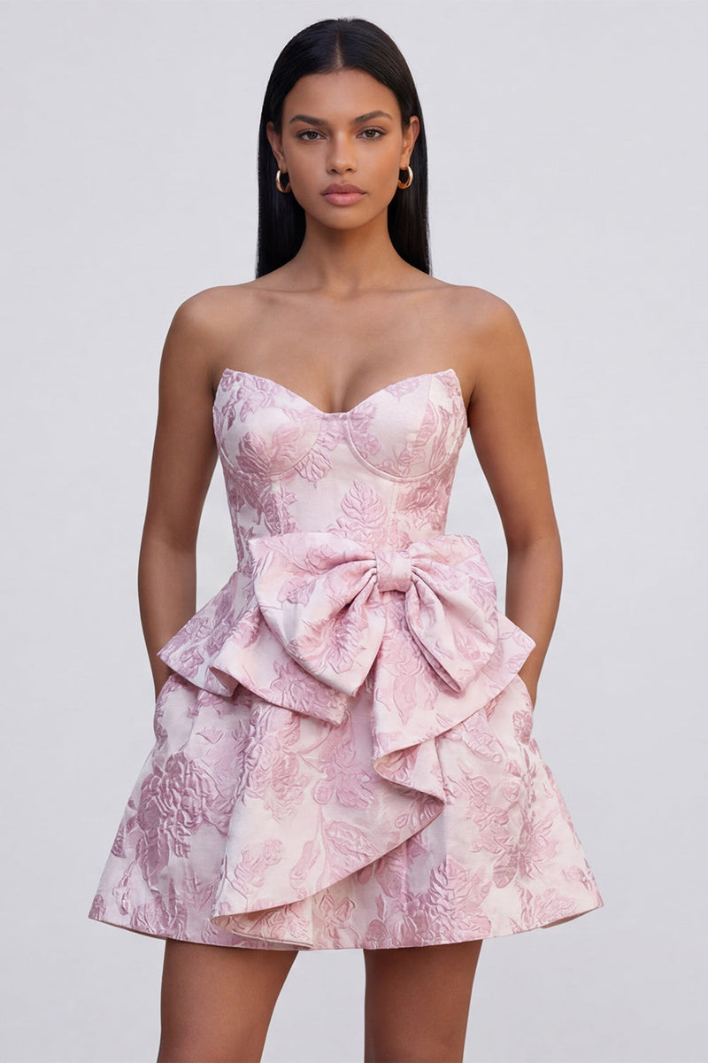 Load image into Gallery viewer, Pink A Line Ruffled Strapless Short Floral Corset Homecoming Dress with Bow