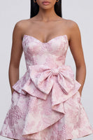 Load image into Gallery viewer, Pink A Line Ruffled Strapless Short Floral Corset Homecoming Dress with Bow
