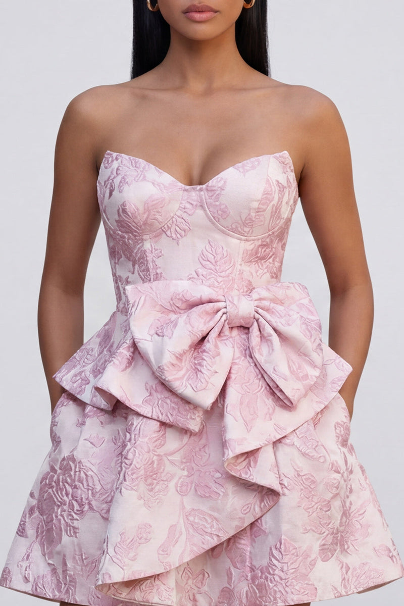 Load image into Gallery viewer, Pink A Line Ruffled Strapless Short Floral Corset Homecoming Dress with Bow