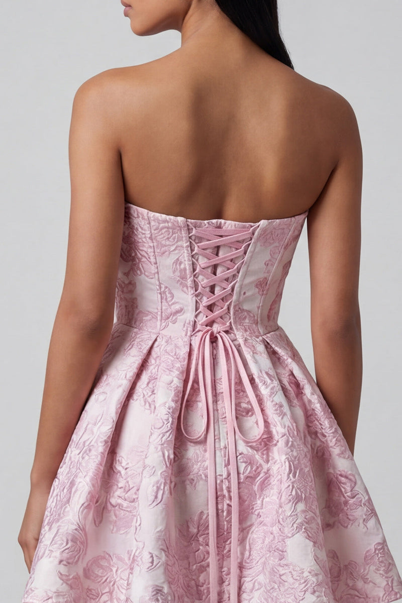 Load image into Gallery viewer, Pink A Line Ruffled Strapless Short Floral Corset Homecoming Dress with Bow