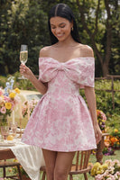 Load image into Gallery viewer, Pink A Line Short Floral Off the Shoulder Homecoming Dress with Bow
