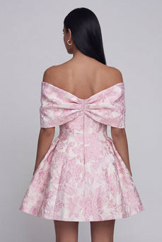 Pink A Line Short Floral Off the Shoulder Homecoming Dress with Bow