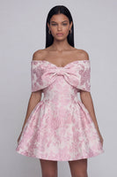 Load image into Gallery viewer, Pink A Line Short Floral Off the Shoulder Homecoming Dress with Bow