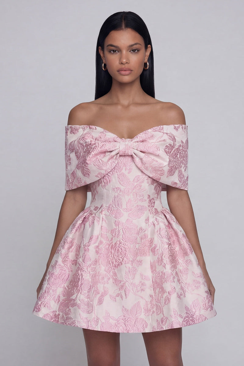 Load image into Gallery viewer, Pink A Line Short Floral Off the Shoulder Homecoming Dress with Bow