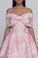 Load image into Gallery viewer, Pink A Line Short Floral Off the Shoulder Homecoming Dress with Bow