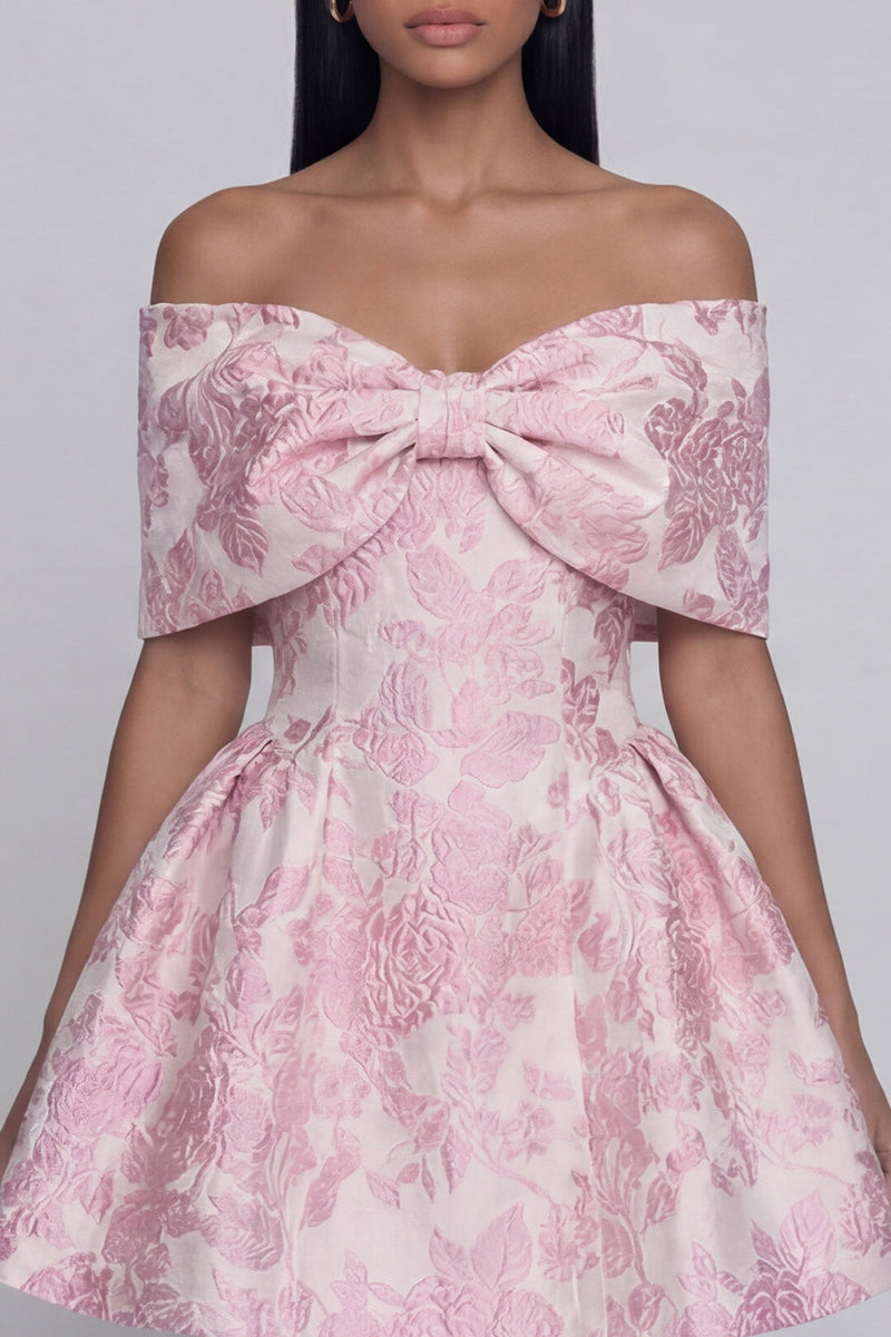 Load image into Gallery viewer, Pink A Line Short Floral Off the Shoulder Homecoming Dress with Bow