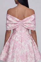 Load image into Gallery viewer, Pink A Line Short Floral Off the Shoulder Homecoming Dress with Bow