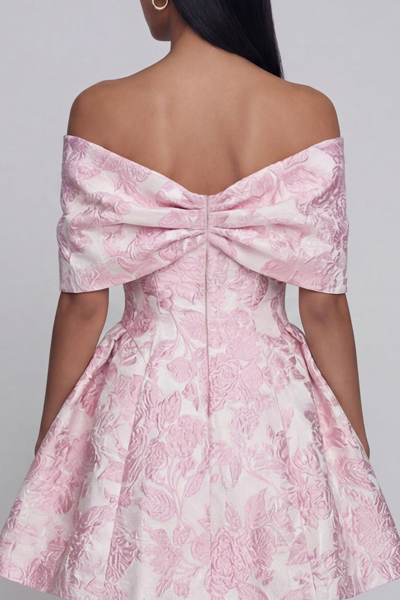 Load image into Gallery viewer, Pink A Line Short Floral Off the Shoulder Homecoming Dress with Bow