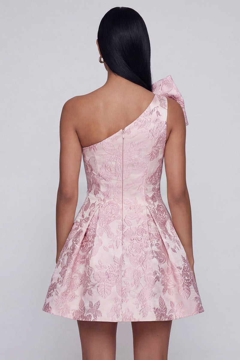 Load image into Gallery viewer, Pink Floral One Shoulder A Line Short Homecoming Dress with Bow