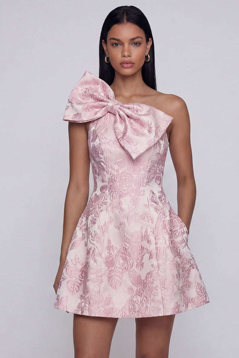 Load image into Gallery viewer, Pink Floral One Shoulder A Line Short Homecoming Dress with Bow