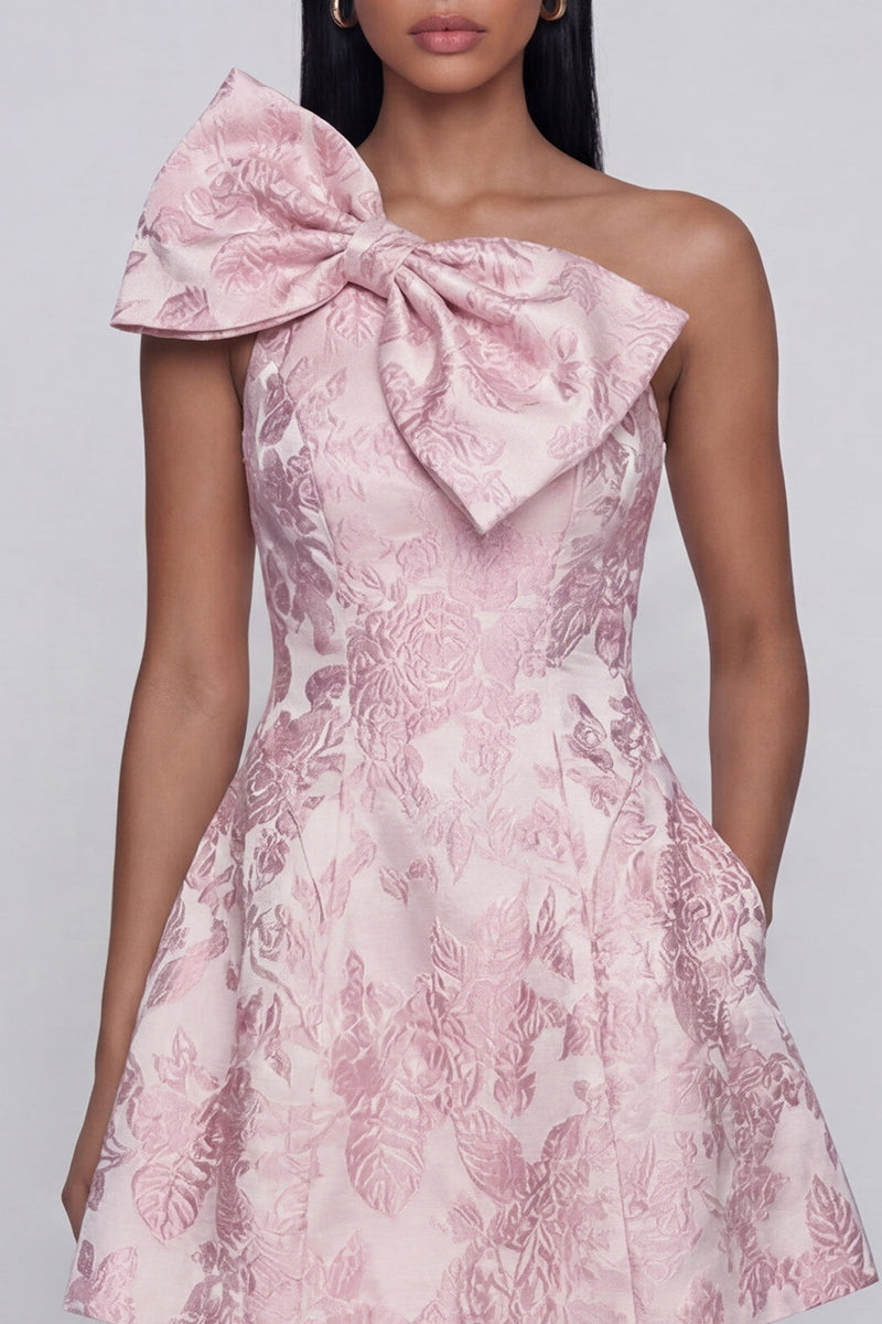 Load image into Gallery viewer, Pink Floral One Shoulder A Line Short Homecoming Dress with Bow