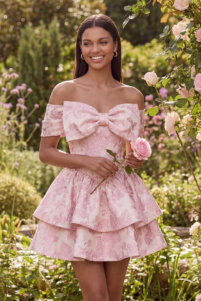 Load image into Gallery viewer, Pink A Line Ruffled Short Floral Off the Shoulder Homecoming Dress with Bow