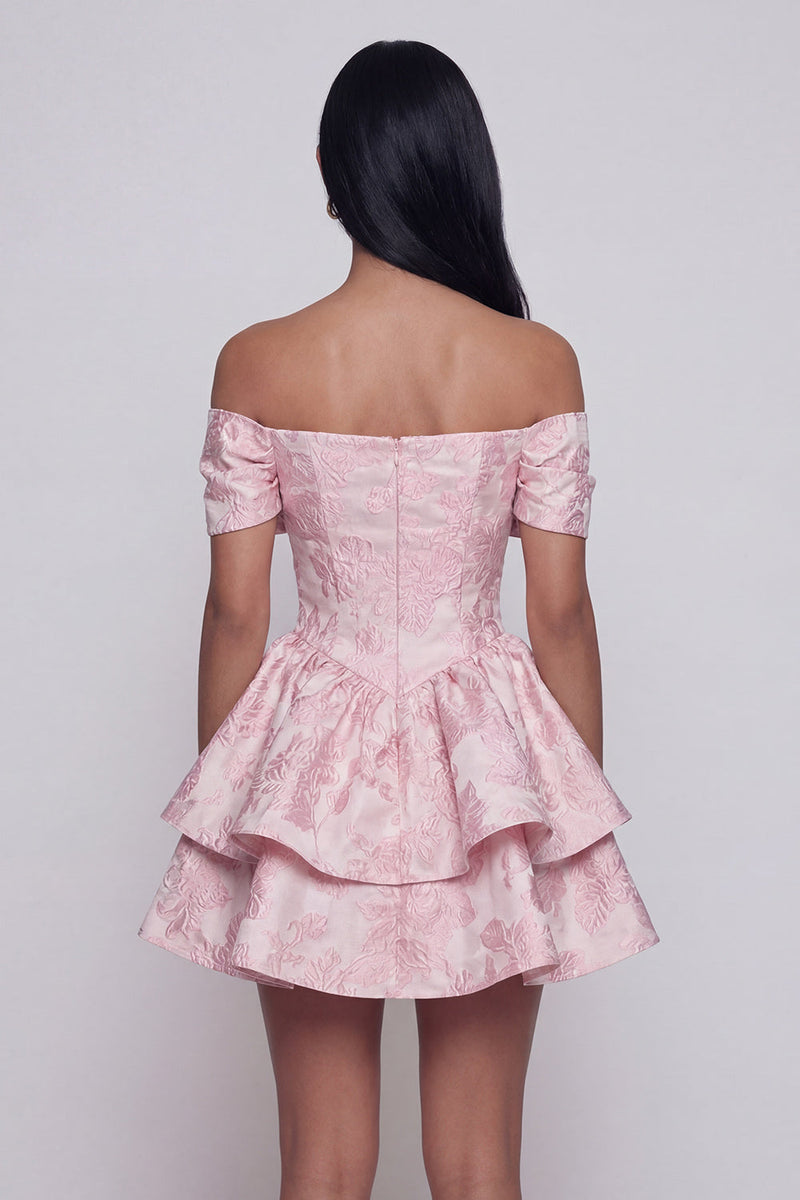 Load image into Gallery viewer, Pink A Line Ruffled Short Floral Off the Shoulder Homecoming Dress with Bow