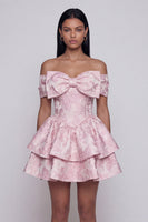 Load image into Gallery viewer, Pink A Line Ruffled Short Floral Off the Shoulder Homecoming Dress with Bow