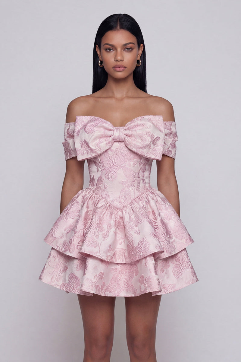 Load image into Gallery viewer, Pink A Line Ruffled Short Floral Off the Shoulder Homecoming Dress with Bow