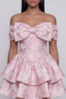 Load image into Gallery viewer, Pink A Line Ruffled Short Floral Off the Shoulder Homecoming Dress with Bow