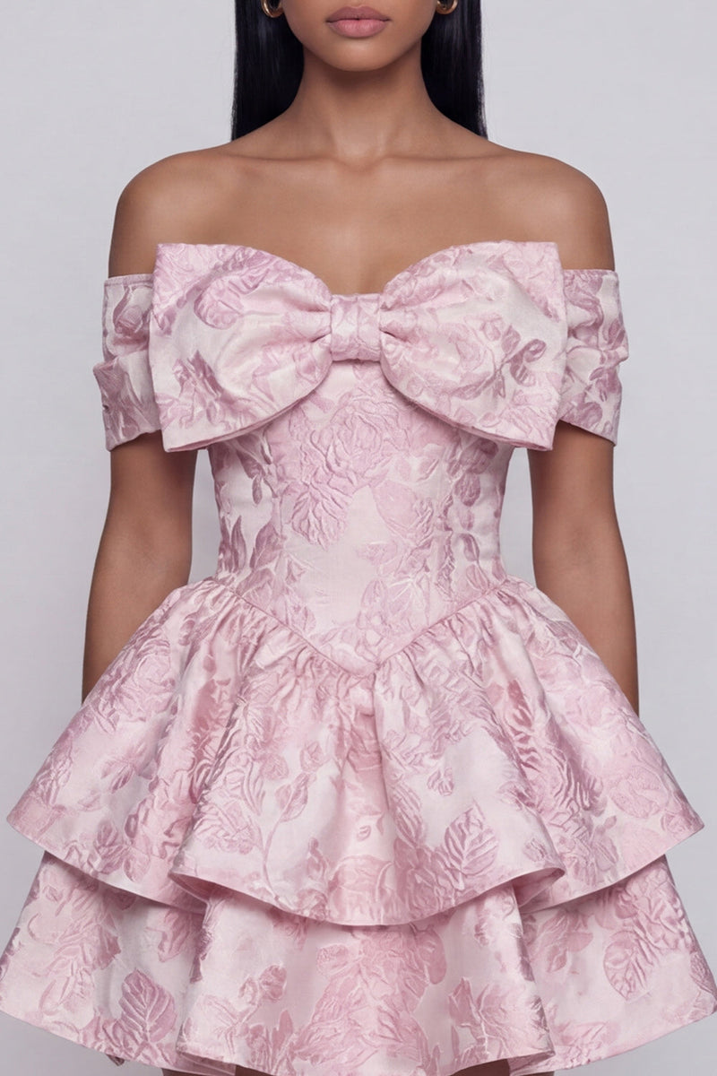 Load image into Gallery viewer, Pink A Line Ruffled Short Floral Off the Shoulder Homecoming Dress with Bow