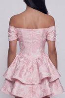Load image into Gallery viewer, Pink A Line Ruffled Short Floral Off the Shoulder Homecoming Dress with Bow