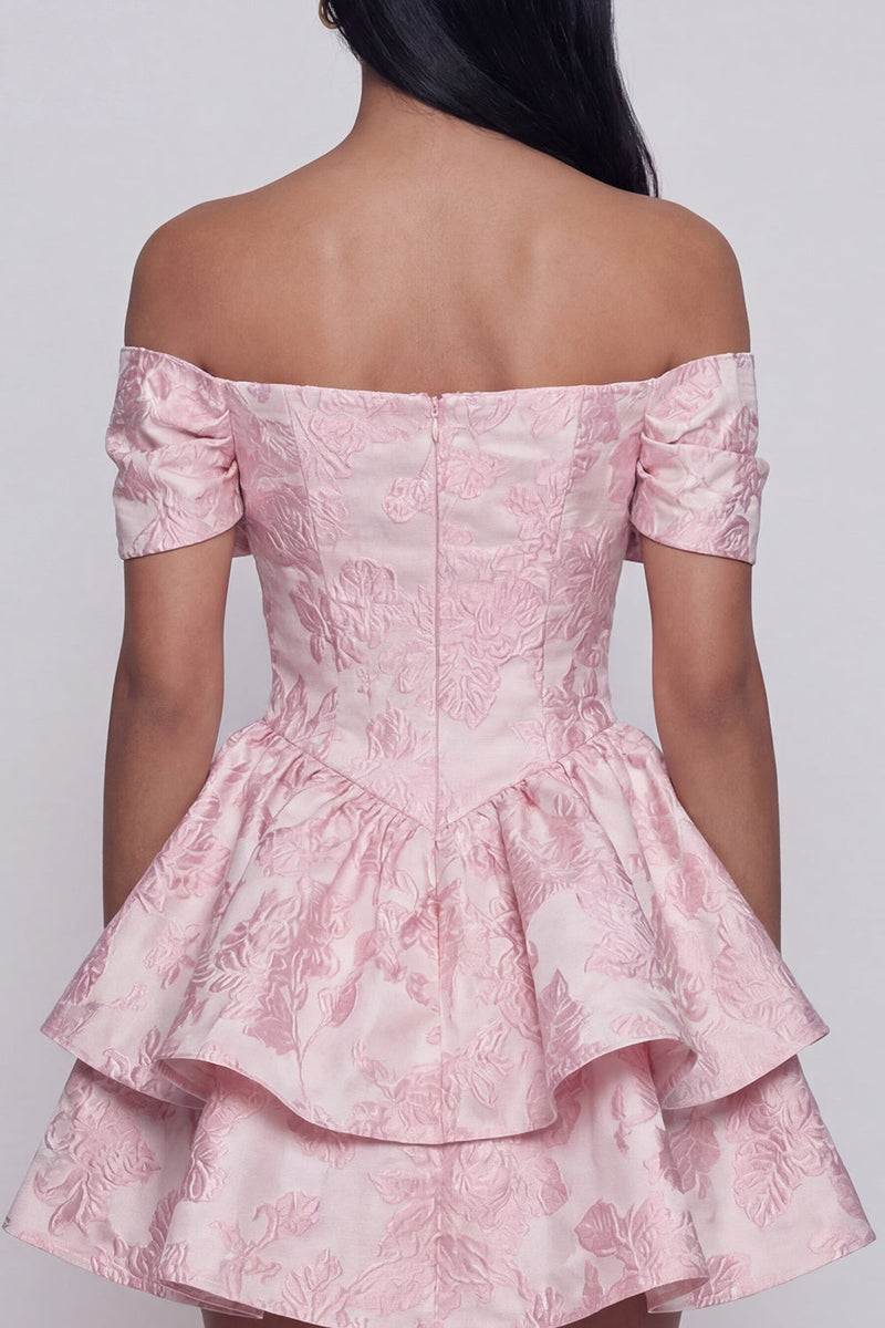 Load image into Gallery viewer, Pink A Line Ruffled Short Floral Off the Shoulder Homecoming Dress with Bow