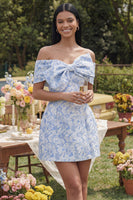 Load image into Gallery viewer, Blue A Line Floral Off the Shoulder Short Homecoming Dress with Bow