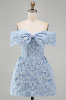 Load image into Gallery viewer, Blue A Line Floral Off the Shoulder Short Homecoming Dress with Bow