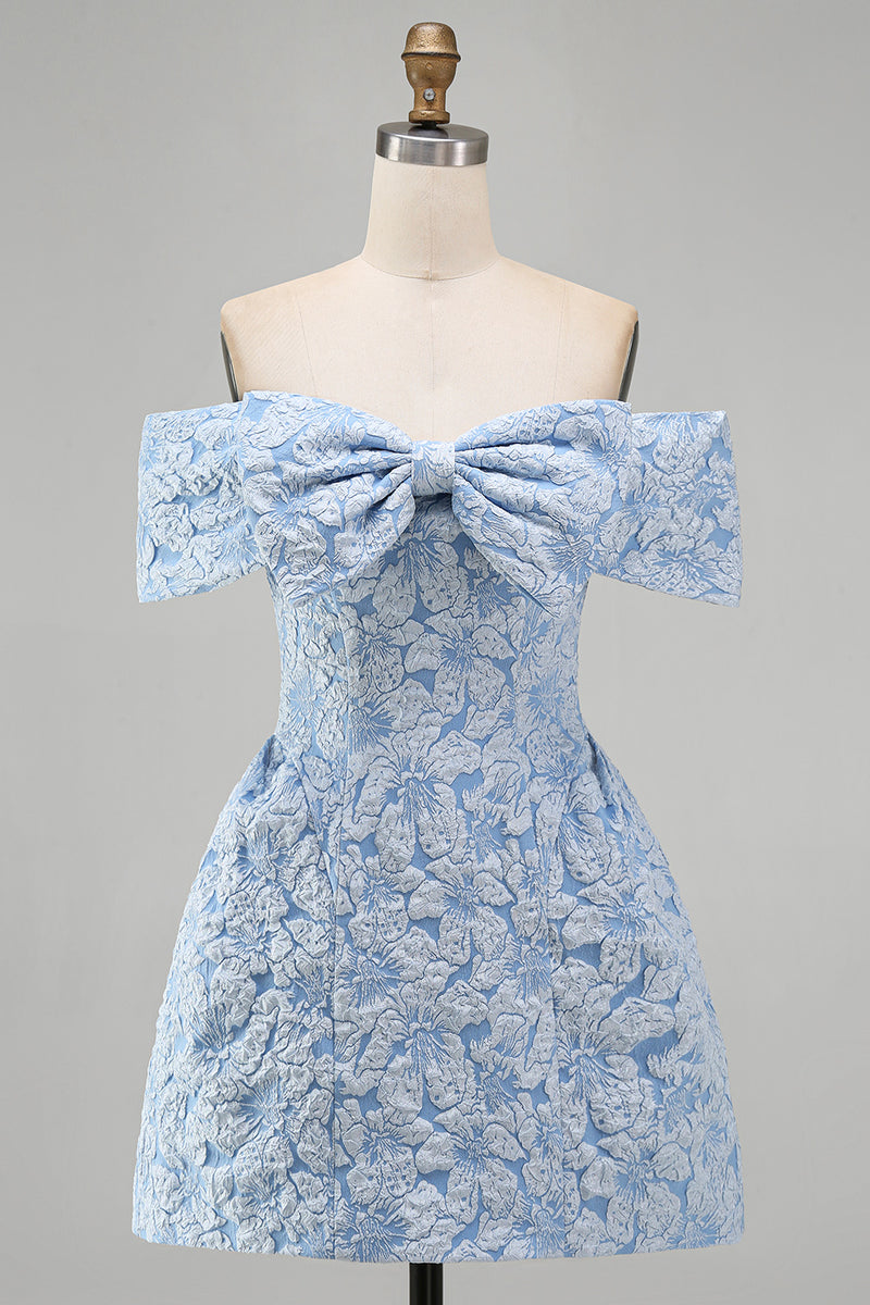 Load image into Gallery viewer, Blue A Line Floral Off the Shoulder Short Homecoming Dress with Bow