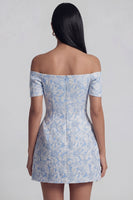 Load image into Gallery viewer, Blue A Line Floral Off the Shoulder Short Homecoming Dress with Bow
