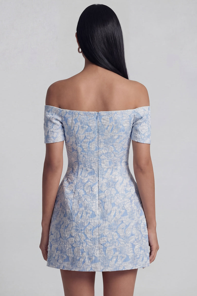 Load image into Gallery viewer, Blue A Line Floral Off the Shoulder Short Homecoming Dress with Bow