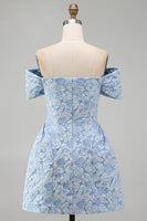 Load image into Gallery viewer, Blue A Line Floral Off the Shoulder Short Homecoming Dress with Bow