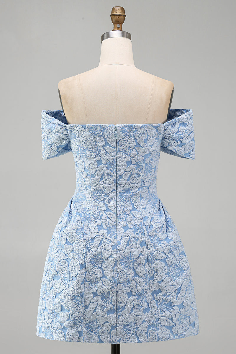 Load image into Gallery viewer, Blue A Line Floral Off the Shoulder Short Homecoming Dress with Bow