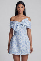 Load image into Gallery viewer, Blue A Line Floral Off the Shoulder Short Homecoming Dress with Bow